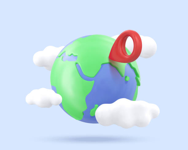 planet Earth with red pointer 3d vector icon. World traveling or GPS navigation concept. Vector illustration vector art illustration