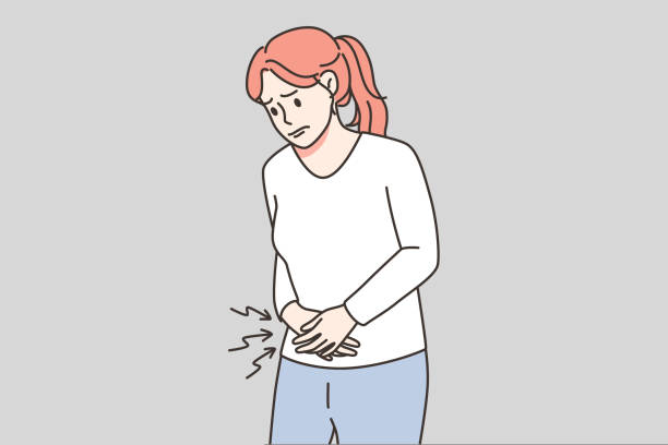 ilustraciones, imágenes clip art, dibujos animados e iconos de stock de la mujer poco saludable sufre de dolor menstrual durante el síndrome premenstrual - clostridium