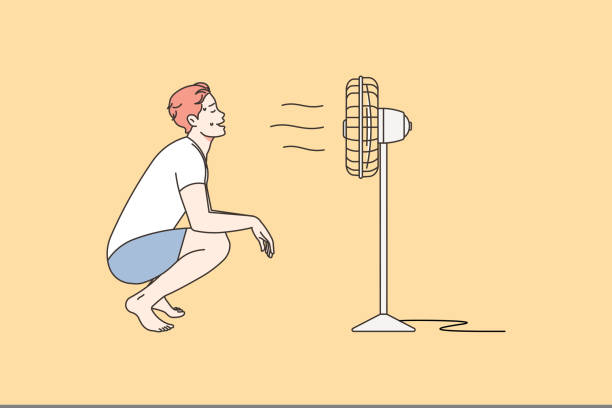 überhitzter mann atmet luft aus dem ventilator - summer cool electric fan heat stock-grafiken, -clipart, -cartoons und -symbole
