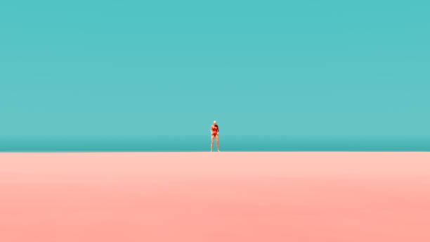 サニービーチパステルピンクサンドターコイズブルーオーシャンアンドスカイとピンクの水着を着た女性と遠くの穏やかな静けさ - swimwear caribbean sea beach water ストックフォトと画像