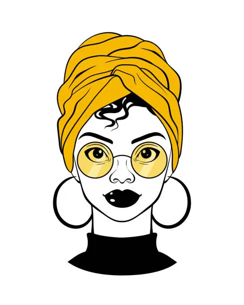 Vector illustration of Black woman portrait. Cartoon afro american girl with yellow sunglasses, head wrap, round earrings. Fashion Illustration on white background