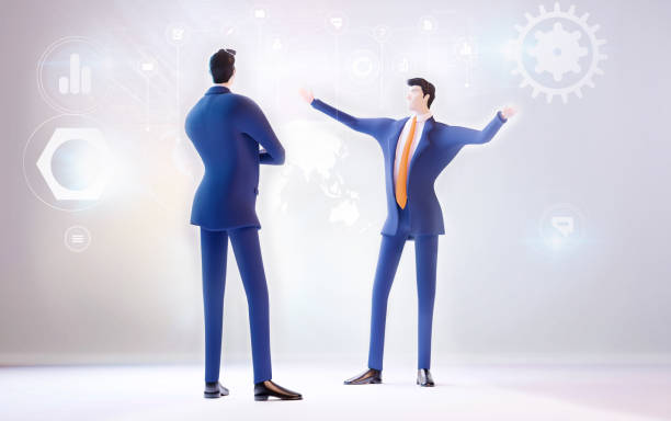 istock Two successful businessman are talking in office, make plans, future vision, agreements, project developing, partnership. Planning for future, new start ups. 3D rendering illustration 1410624064