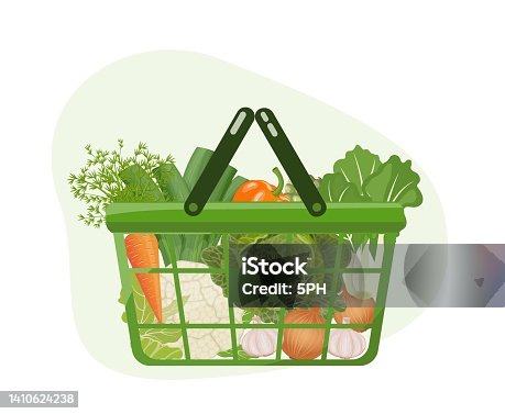 istock Grocery shopping basket with fresh green vegetables and root crops, savoy cabbage, bok choy, onion and garlic from local farm market. Healthy vegan food set. Vector illustration isolated on white background 1410624238