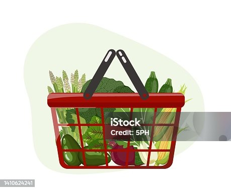 istock Grocery shopping basket with fresh green vegetables and root crops, asparagus, avocado, corn from local farm market. Healthy vegan food set. Vector illustration isolated on white background 1410624241