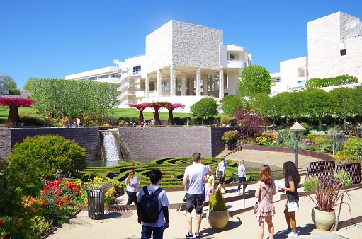 Los Angeles, United States – May 2, 2017: J. Paul Getty Museum Central Garden created by artist Robert Irwin as viewed from above in Los Angeles California.