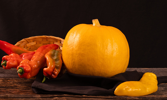 Decorative pumpkins on a black background. The fall harvest is ready for Halloween.