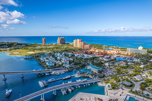 Nassau, Bahamas- December 28, 2021:The drone aerial view of Atlantis hotel in Paradise Island, Nassau.