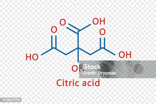 istock Citric acid chemical formula. Citric acid structural chemical formula isolated on transparent background. 1410627754