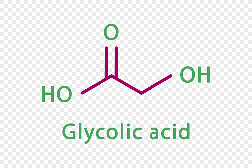 Glycolic acid chemical formula. Glycolic acid structural chemical formula. Vector illustration isolated on transparent background.