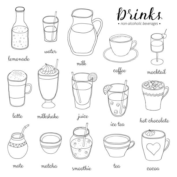 Hand drawn outline non-alcoholic drinks set. Hand drawn outline non-alcoholic drinks isolated on white background. green tea cocktail bar stock illustrations