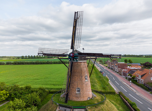 Aerial view on Nooit Gedacht mill, in Cadzand - Netherlands