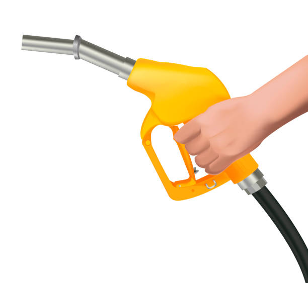 Realistic vector illustration of human hand holding gas gun, gasoline petrol dispenser in yellow and black colors with metal nozzle Realistic vector illustration of human hand holding gas gun, gasoline petrol dispenser in yellow and black colors with metal nozzle, isolates gas pump hand stock illustrations