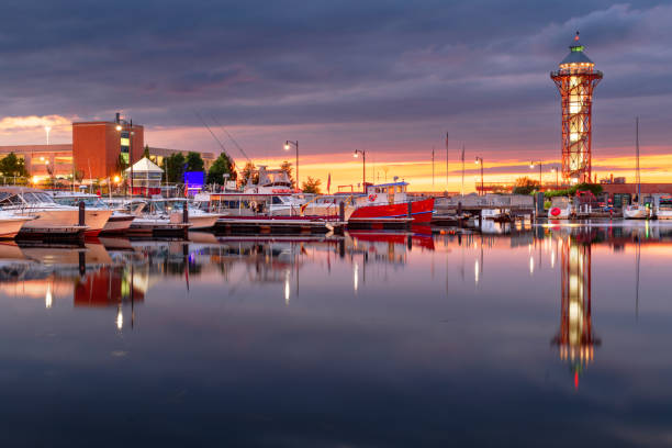Erie, Pennsylvania, USA and tower at dusk.