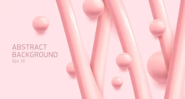 Vector illustration of Abstract pink background with 3d render of spheres and crossed lines