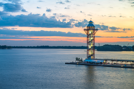 Erie, Pennsylvania, USA and tower at dusk.