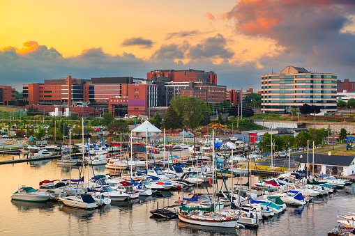 Erie, Pennsylvania, USA downtown on the bayfront at dusk.