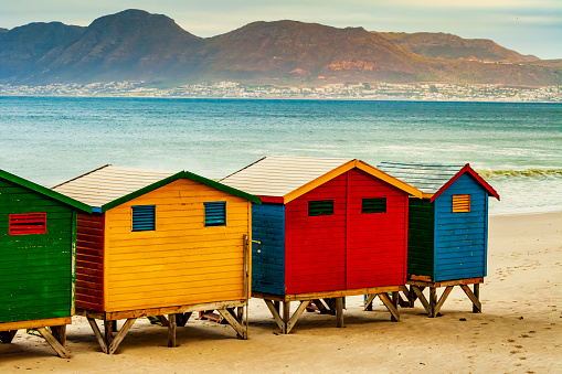 Picturesque bathing huts in Muizenberg beach, Cape Town, South Africa