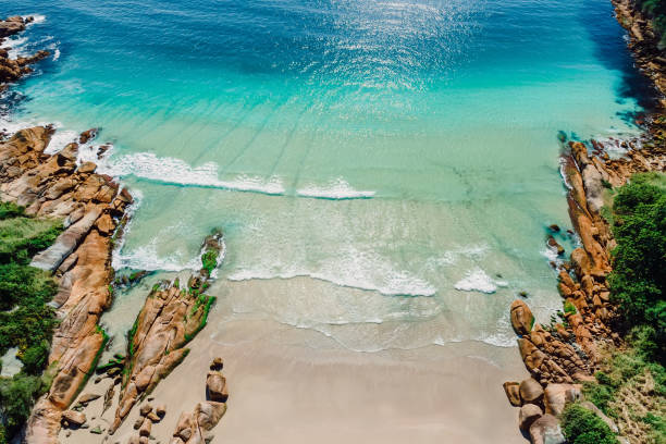 Beach, rocks and transparent blue ocean in Brazil. Aerial view of tropical beach in Florianopolis Beach, rocks and transparent blue ocean in Brazil. Aerial view of tropical beach in Florianopolis florianópolis stock pictures, royalty-free photos & images