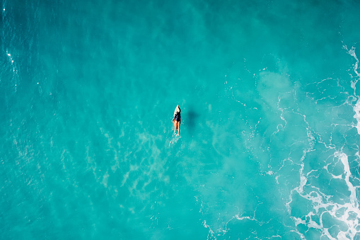 Surfer girl on surfboard in blue ocean waiting wave. Aerial view