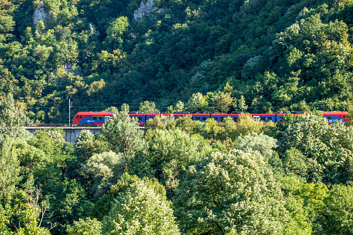 Valjevo, Serbia - July 19, 2022: Traveling by railway. Red train crosses the bridge through the forest and nature