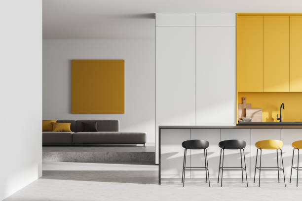 istock Light kitchen interior with sofa and countertop, chill zone and eating area 1410637406