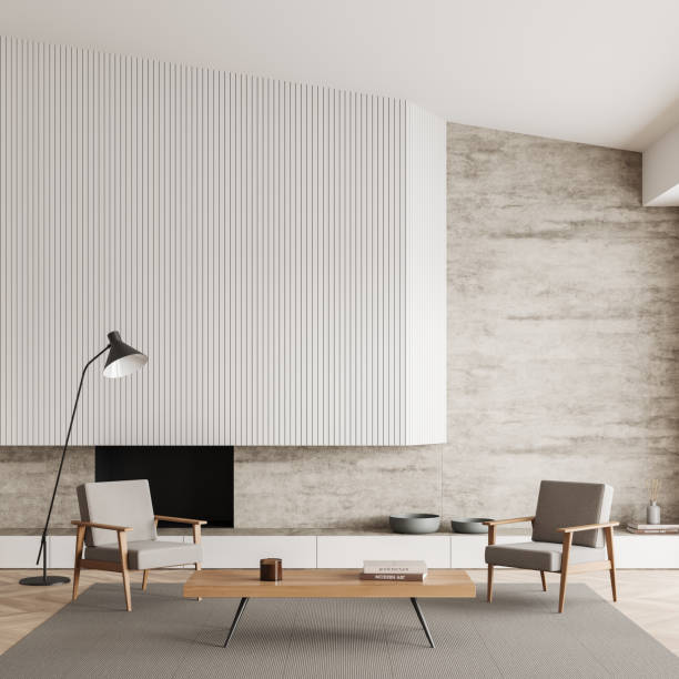 istock Light meeting interior with two seats and decoration, fireplace and empty wall 1410637971