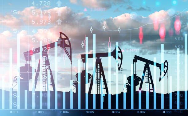 istock Drilling rig and stock market chart with candlesticks and lines 1410638056