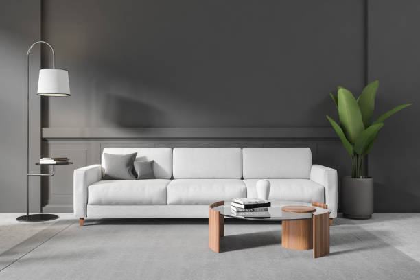 istock Grey living room interior couch with coffee table with decoration, mockup 1410638068