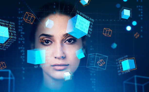 istock Woman portrait with data blocks in cyberspace, binary and virtual reality 1410638732