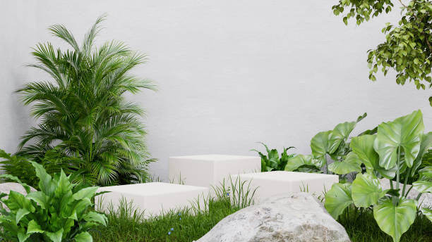 istock White cube pedestal in tropical forest for product presentation and white plaster wall. 1410639799
