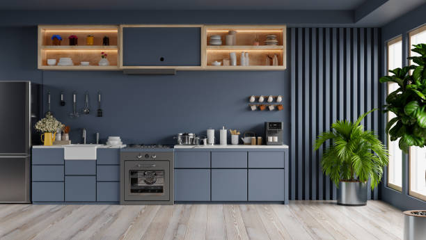 istock Luxury kitchen corner design with dark blue wall. 1410639815