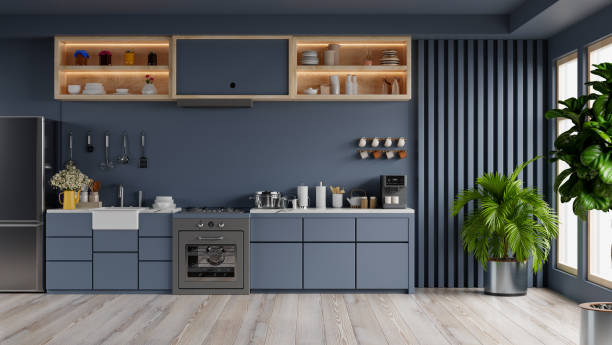 design de canto de cozinha luxuoso com parede azul escuro. - simple food - fotografias e filmes do acervo