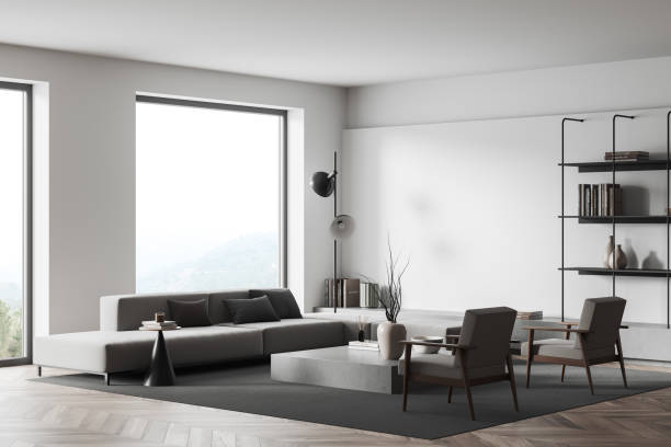 istock Light relax room interior with couch and two chairs, shelf and window, mockup 1410639978