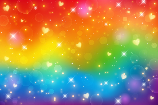 Rainbow unicorn fantasy background with bokeh and stars. Holographic bright multicolored sky. Vector