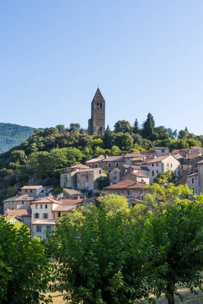 Sunny view of the medieval village of Olargues in the Haut-Languedoc Regional Nature Park stock photo