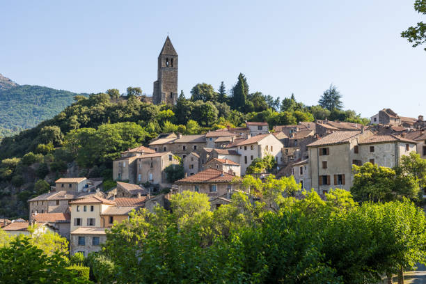 Sunny view of the medieval village of Olargues in the Haut-Languedoc Regional Nature Park stock photo