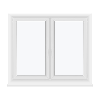 Closed plastic window with two handles front view realistic vector illustration. Classic indoor interior room apartment home office double glass with windowsill. Modern indoor decorative frame
