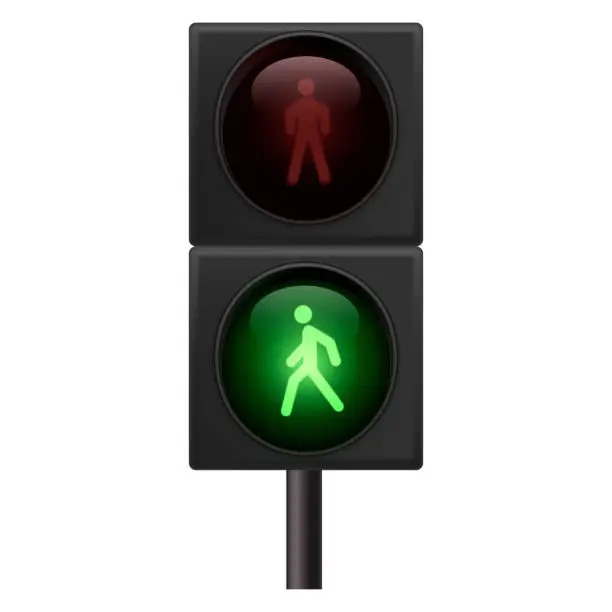 Vector illustration of Pedestrian traffic light green walking person illuminated signal realistic vector illustration
