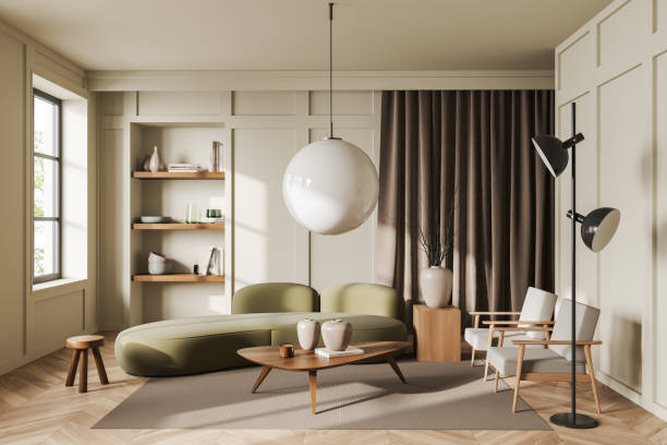 istock Light chill room interior with couch and chairs, shelf and panoramic window 1410640473