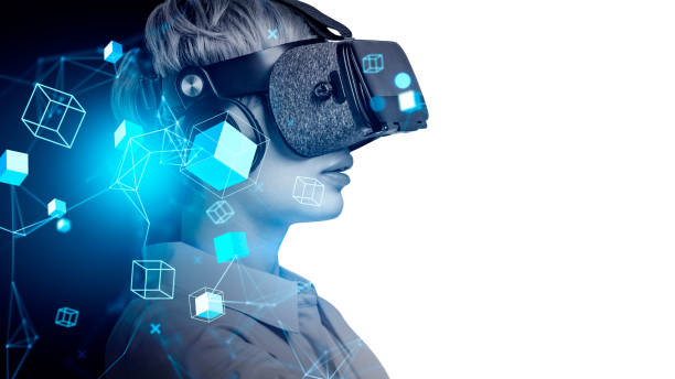 istock Woman in vr headset, blocks in cyberspace, virtual reality. Copy space 1410640644