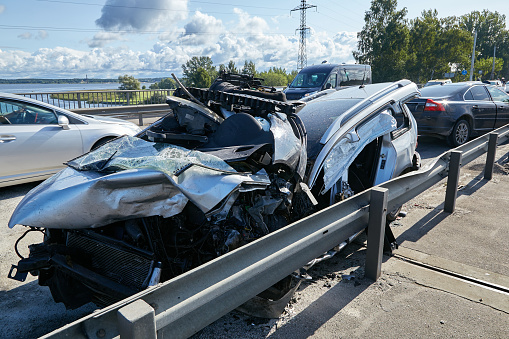 August 22, 2021, Riga, Latvia: car after accident on a road because of collision, transportation background