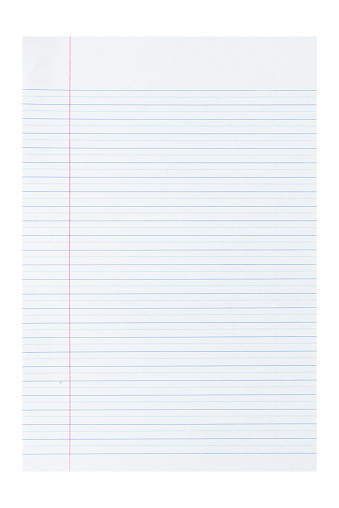 A vertical image of a plain blank white colored lined page from a notepad. The single lines are in blue color over a white background. There is a margin consisting of three vertical red coloured lines towards the left edge. There s no text, no people and copy space.