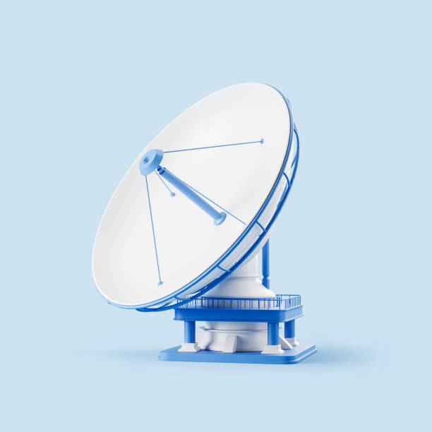 Satellite antenna, dish on blue background. Concept of radio telescope and connection. 3D rendering