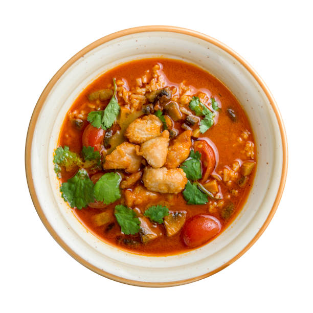 istock Tom Yam soup with chicken isolated on white background top view 1410642262