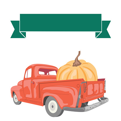 An autumn pickup truck design with fall elements as well as banners and copyspace. Transparent Background (can be placed over any color base)
