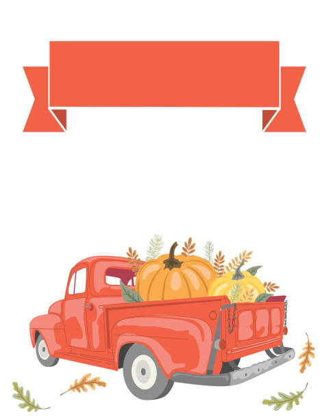 An autumn pickup truck design with fall elements as well as banners and copyspace. Transparent Background (can be placed over any color base)