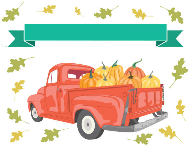 illustrations, cliparts, dessins animés et icônes de vieille camionnette avec citrouilles d’automne sur fond transparent - farm pumpkin autumn farmer