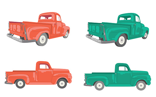 A simple pickup truck design element on a transparent background (can be placed over any color base) in flat color.