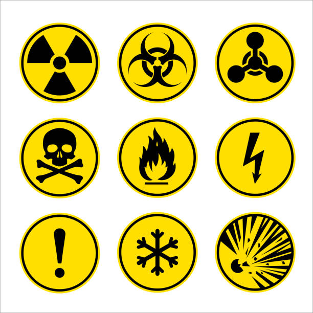Warning signs set. Round danger icons. Radiation sign. Biohazard sign. Toxic sign. Nuclear symbol. Flammable symbol. Attention signs Warning signs set. Round danger icons. Radiation sign. Biohazard sign. Toxic sign. Nuclear symbol. Flammable symbol. Attention signs. nuclear fallout stock illustrations