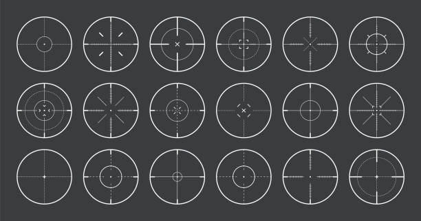 ilustrações de stock, clip art, desenhos animados e ícones de various sniper rifle sights, weapon optical scope crosshair. hunting gun viewfinder. shooting mark symbol, aim. military target sign. game interface ui element. vector illustration - rifle hunting gun rifle sight